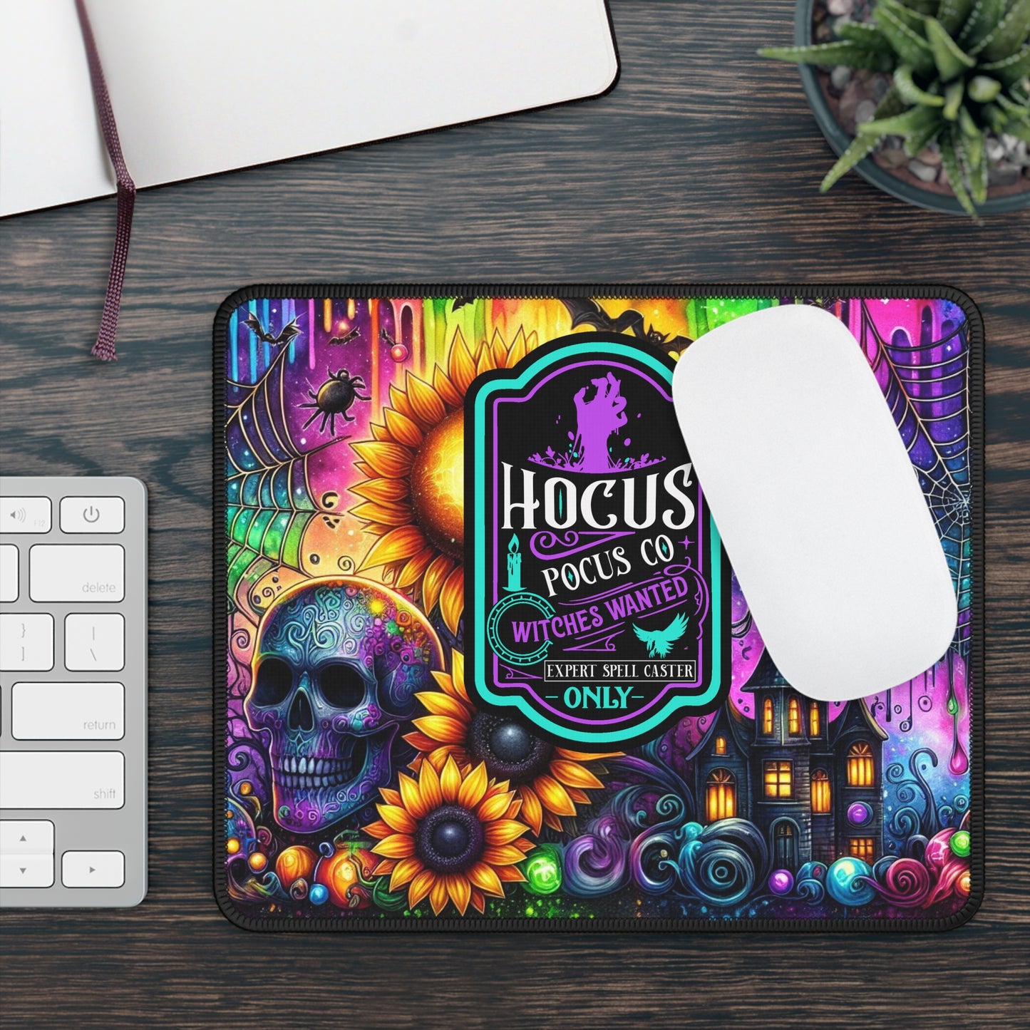 Hocus Pocus Halloween Gaming Mouse Pad – 9x7 Neoprene Mouse Pad with Neon Skulls, Sunflowers, and Gothic Spell Caster Design