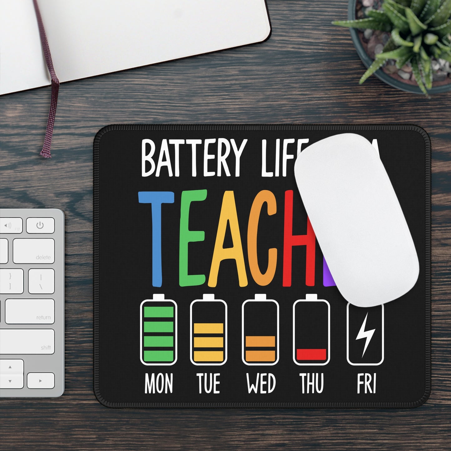Teacher Battery Life 9x7 Neoprene Desk Mat – Weekly Energy Drain Mouse Pad