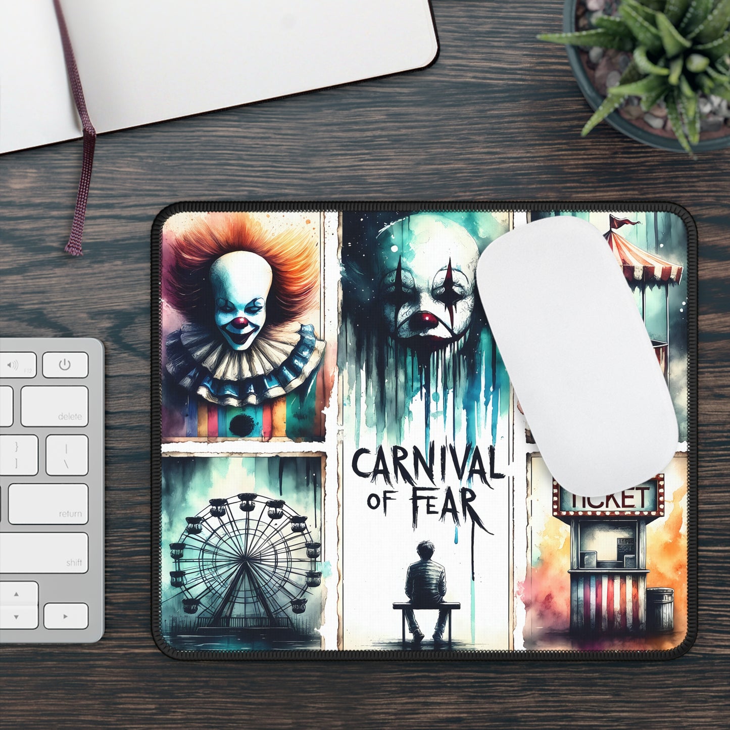 Carnival of Fear Horror Gaming Mouse Pad – 9x7 Neoprene Mouse Pad with Creepy Clown, Haunted Ferris Wheel, and Dark Carnival Design