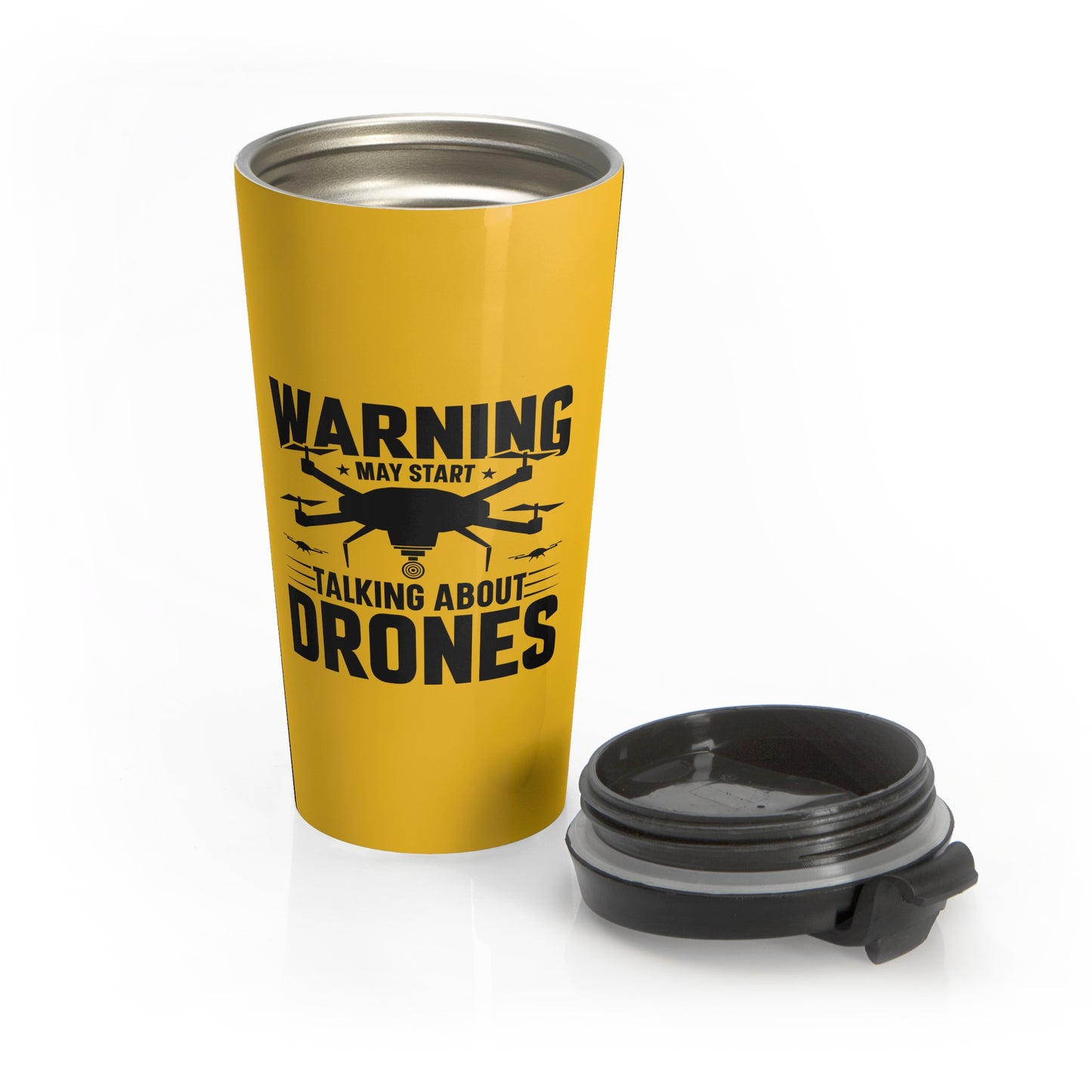 15oz “May Start Talking About Drones” Stainless Steel Travel Mug – Yellow Warning Design with Leak-Proof Lid