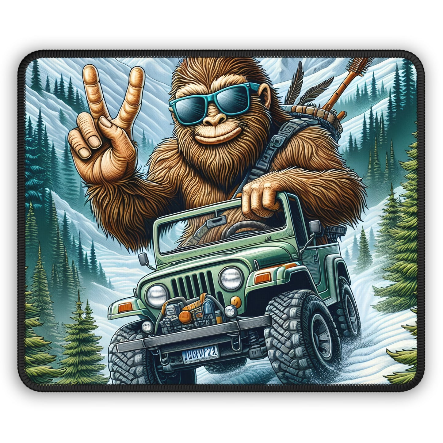 Bigfoot Jeep Adventure Gaming Mouse Pad – 9x7 Neoprene Desk Mat with Sasquatch Driving Off-Road in the Mountains