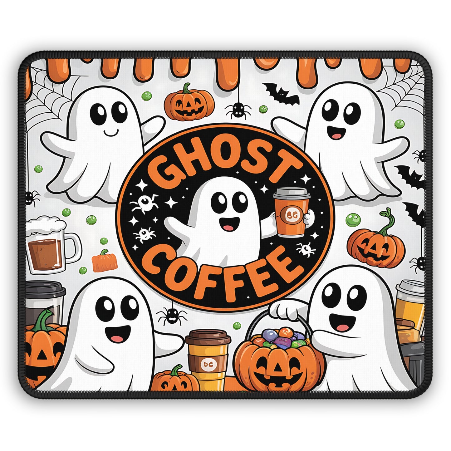 Ghost Coffee Halloween Gaming Mouse Pad – 9x7 Neoprene Mouse Pad with Cute Ghosts, Pumpkins, and Spooky Coffee Shop Design