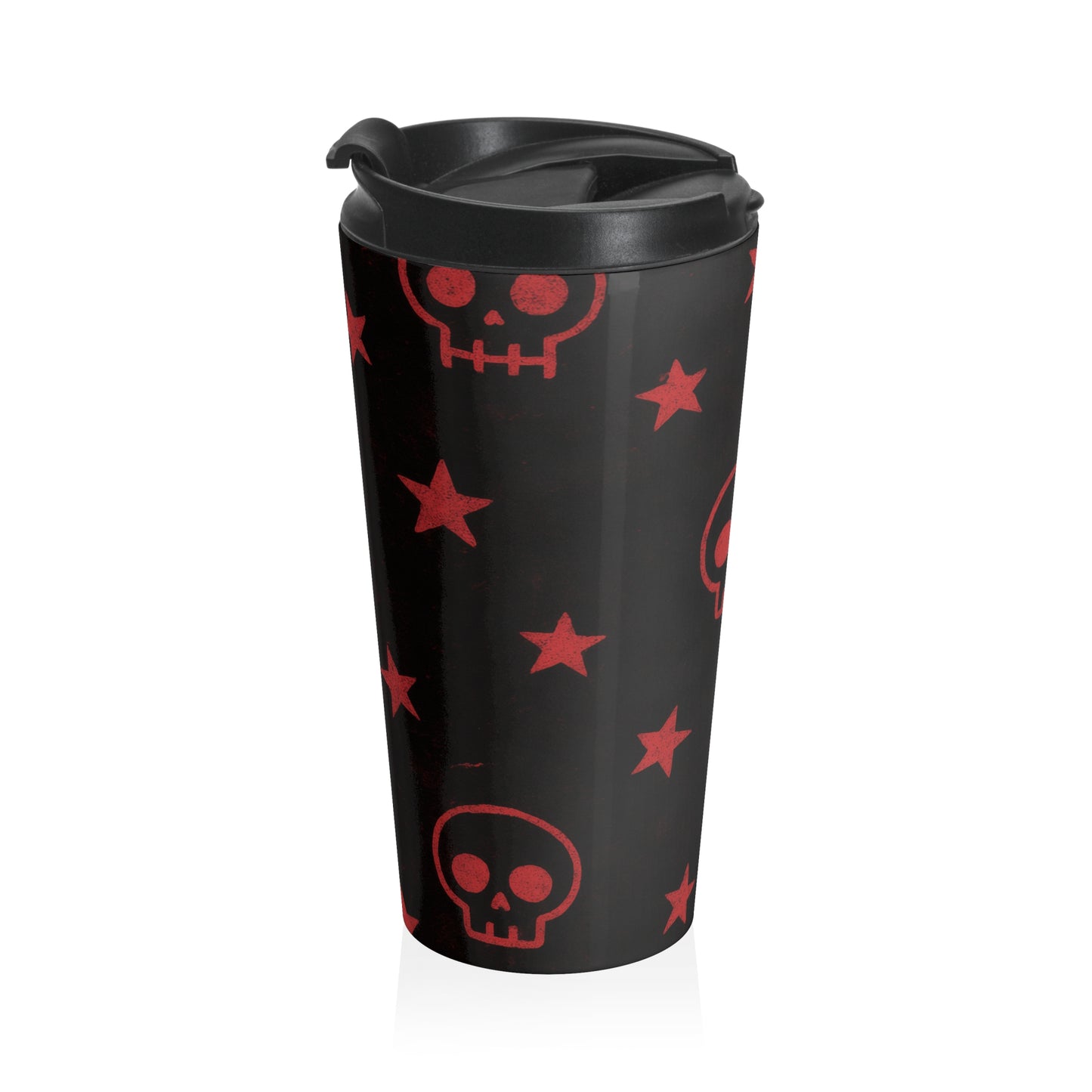 15oz “Skulls & Stars” Stainless Steel Travel Mug – Red Gothic Pattern on Black with Leak-Proof Lid