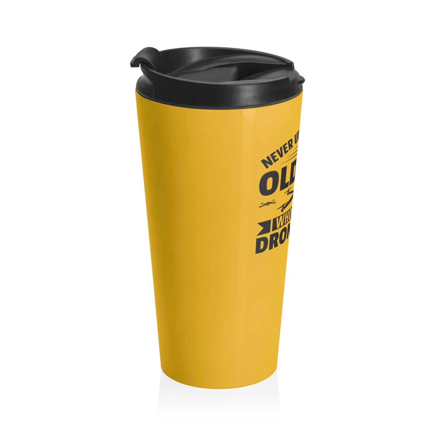 15oz “Never Underestimate an Old Man” Stainless Steel Travel Mug – Yellow Drone Pilot Design with Leak-Proof Lid