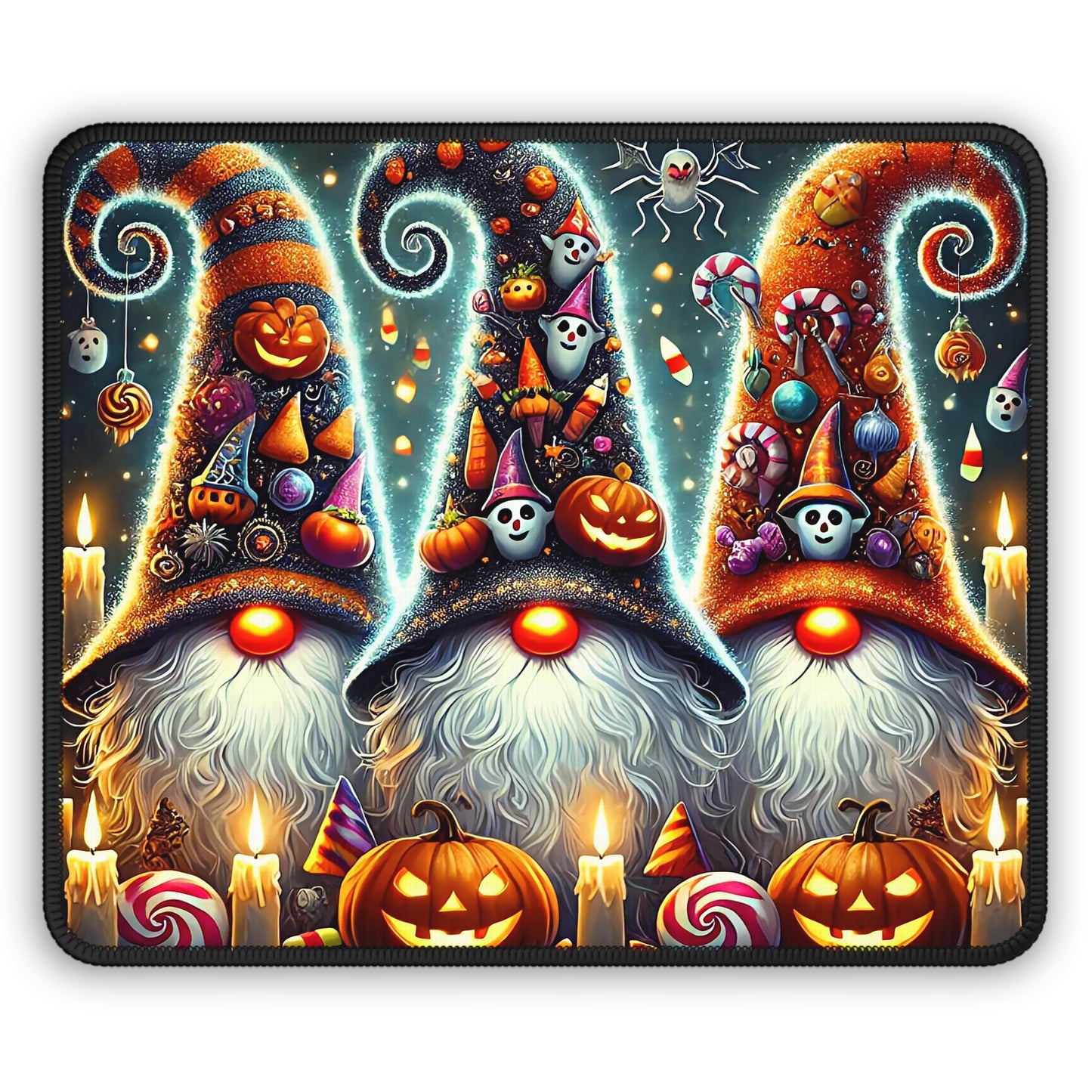 Spooky Halloween Gnomes Gaming Mouse Pad – 9x7 Neoprene Mouse Pad with Pumpkins, Candy, and Trick-or-Treat Wizard Hat Design