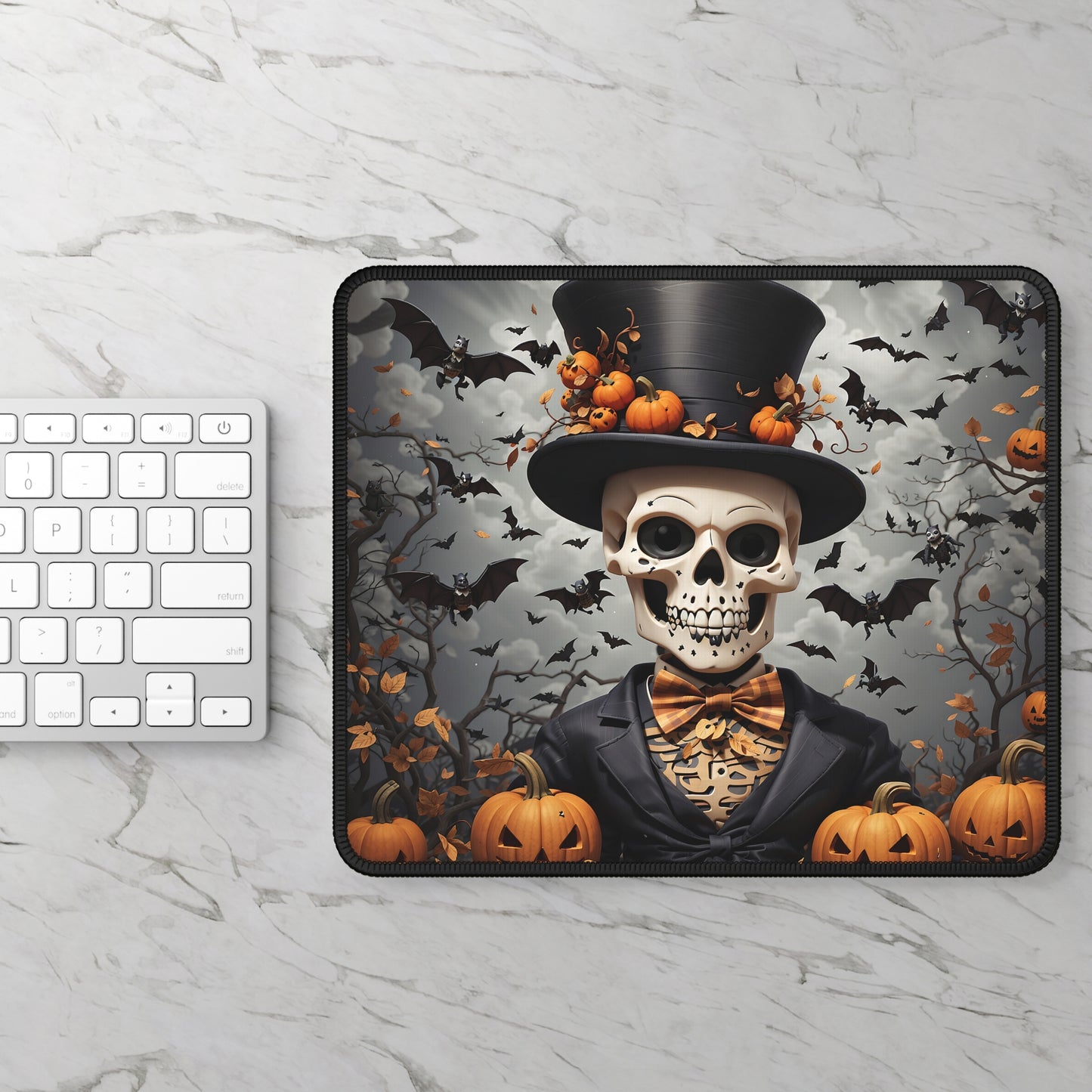 Dapper Skeleton Halloween Gaming Mouse Pad – 9x7 Neoprene Mouse Pad with Pumpkin Top Hat, Bats, and Gothic Autumn Design