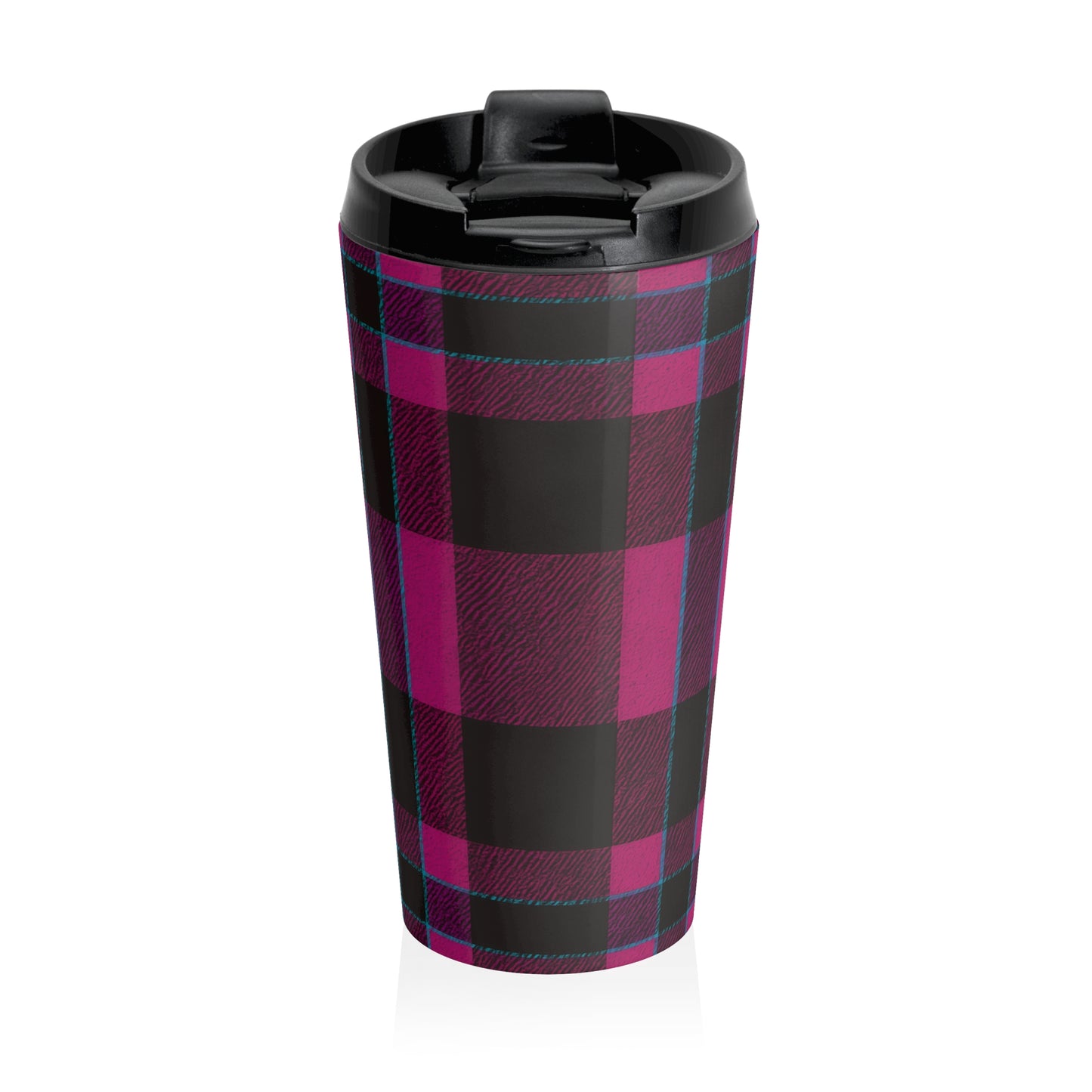 15oz “Plaid Panic” Stainless Steel Travel Mug – Magenta & Black Tartan with Blue Accents and Leak-Proof Lid