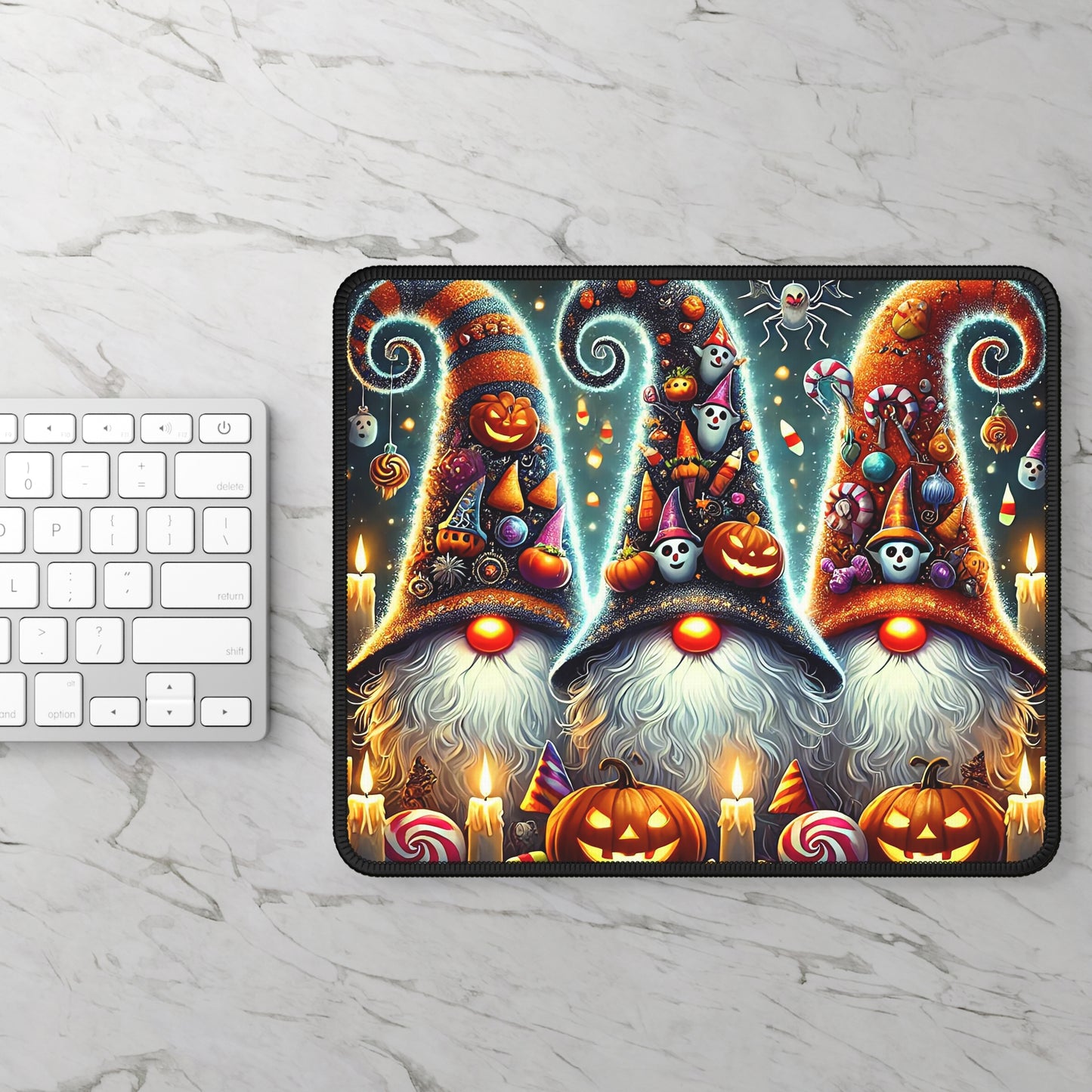 Spooky Halloween Gnomes Gaming Mouse Pad – 9x7 Neoprene Mouse Pad with Pumpkins, Candy, and Trick-or-Treat Wizard Hat Design
