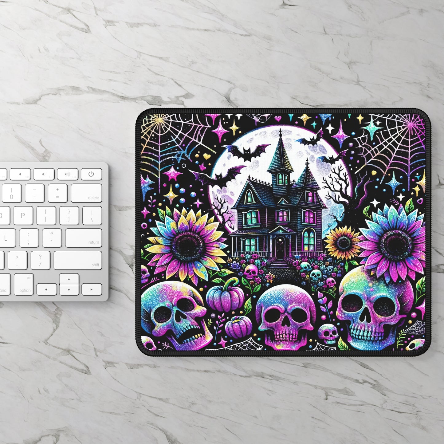 Neon Haunted House Halloween Gaming Mouse Pad – 9x7 Neoprene Mouse Pad with Skulls, Pumpkins, and Gothic Floral Design