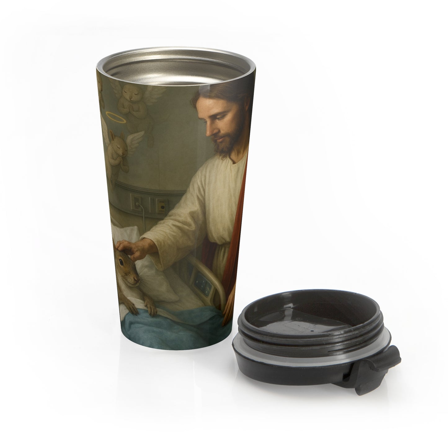 15oz Divine Comfort Stainless Steel Travel Mug – Sacred Hospital Scene with Leak-Proof Lid