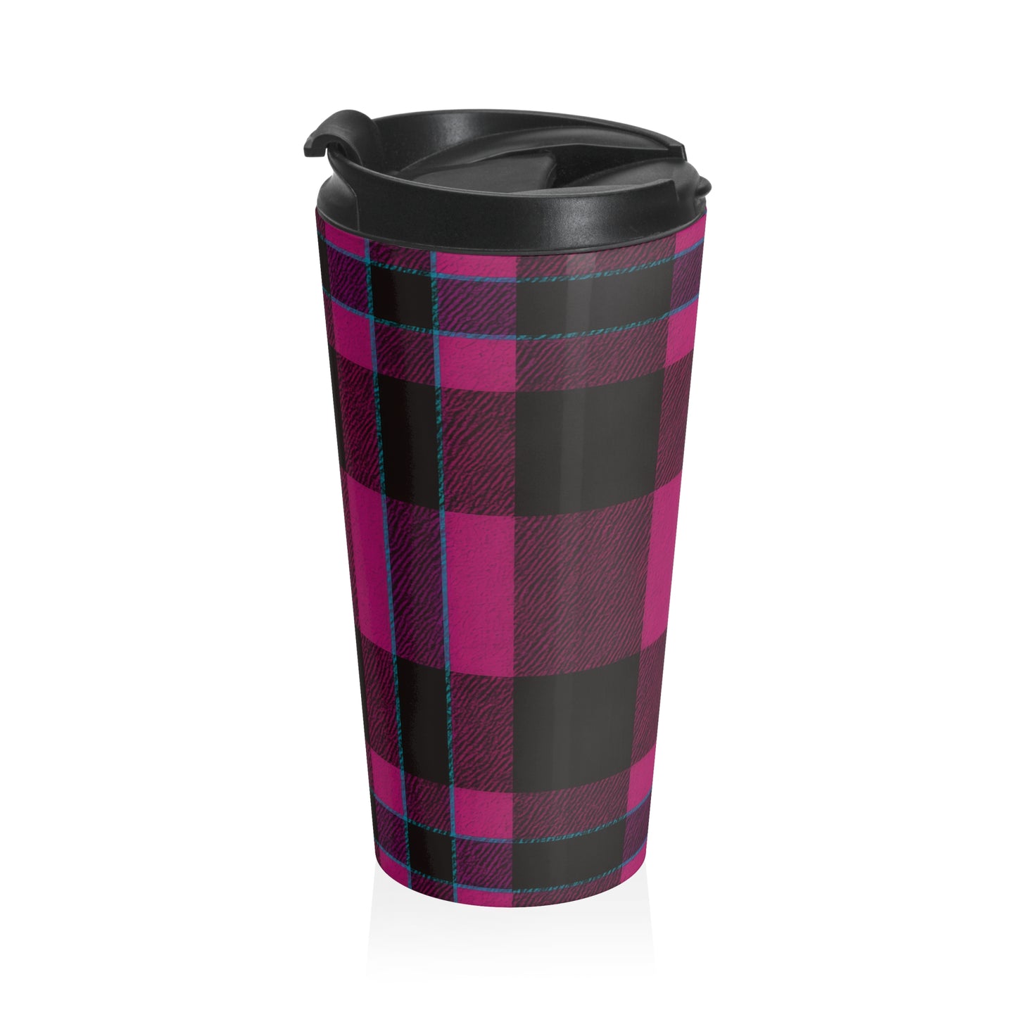 15oz “Plaid Panic” Stainless Steel Travel Mug – Magenta & Black Tartan with Blue Accents and Leak-Proof Lid