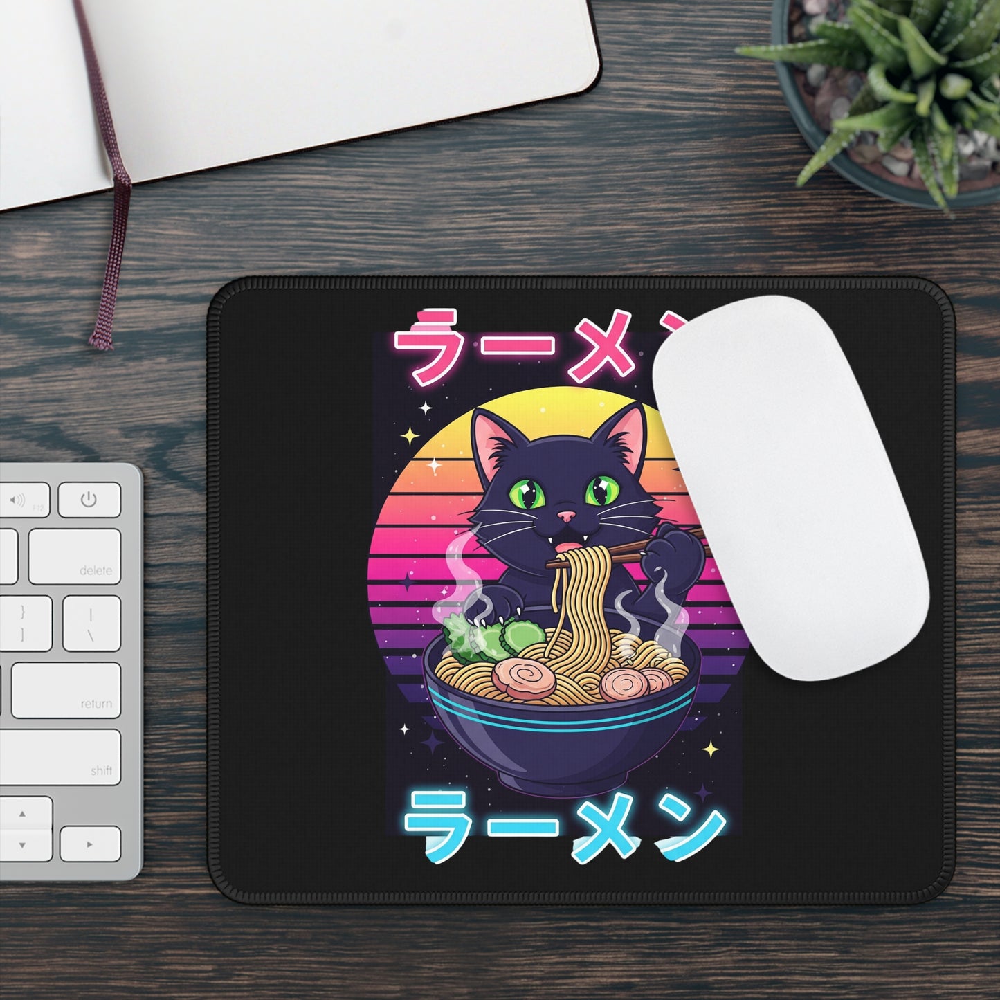 Neon Ramen Cat Mouse Pad – Retro Flavor for Your Desk