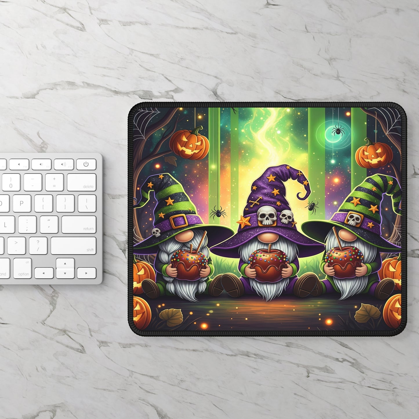 Halloween Gnome Witches Gaming Mouse Pad – 9x7 Neoprene Desk Mat with Spooky Pumpkins and Candy Apples Design