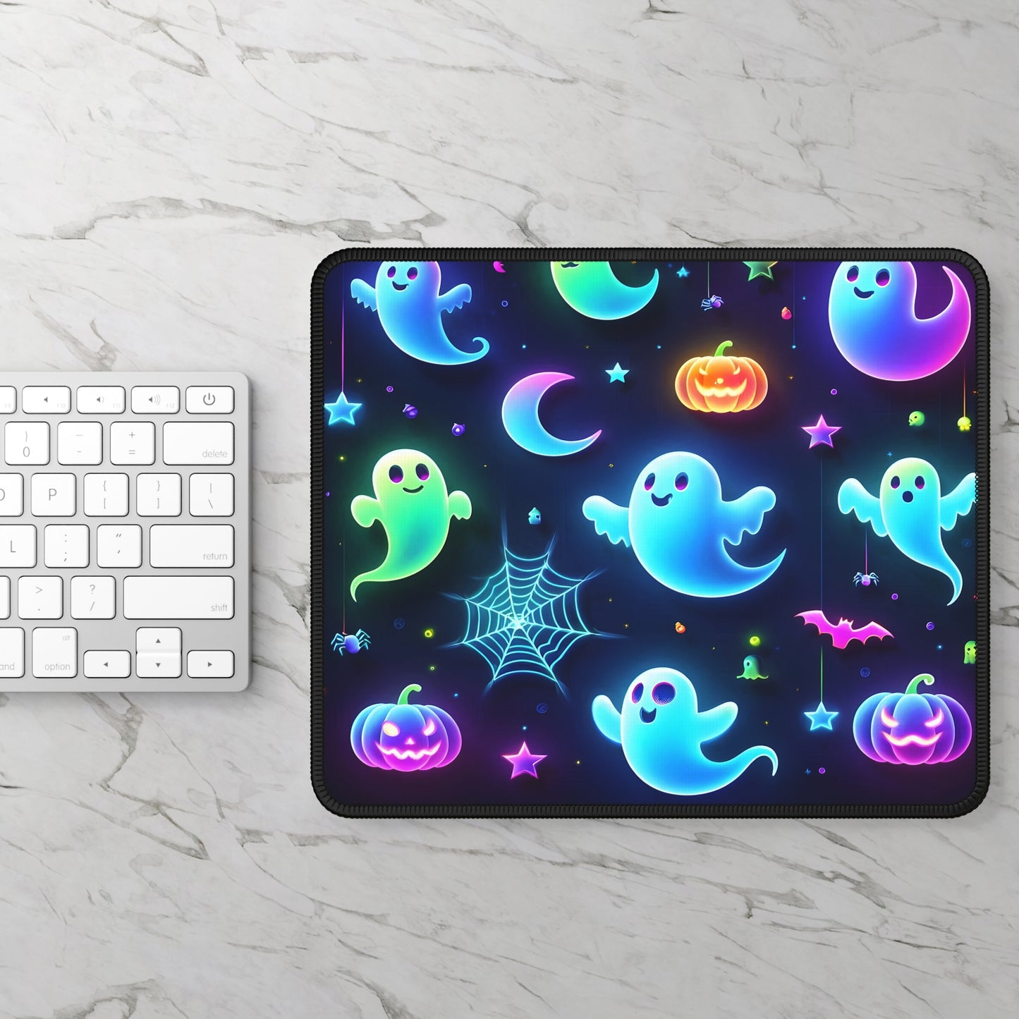 Neon Ghost Halloween Gaming Mouse Pad – 9x7 Neoprene Mouse Pad with Colorful Glow-in-the-Dark Ghosts, Pumpkins, and Spooky Night Sky