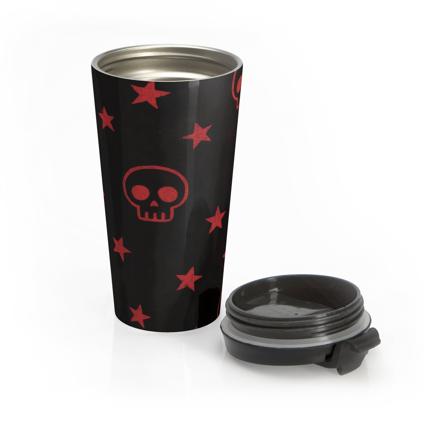 15oz “Skulls & Stars” Stainless Steel Travel Mug – Red Gothic Pattern on Black with Leak-Proof Lid