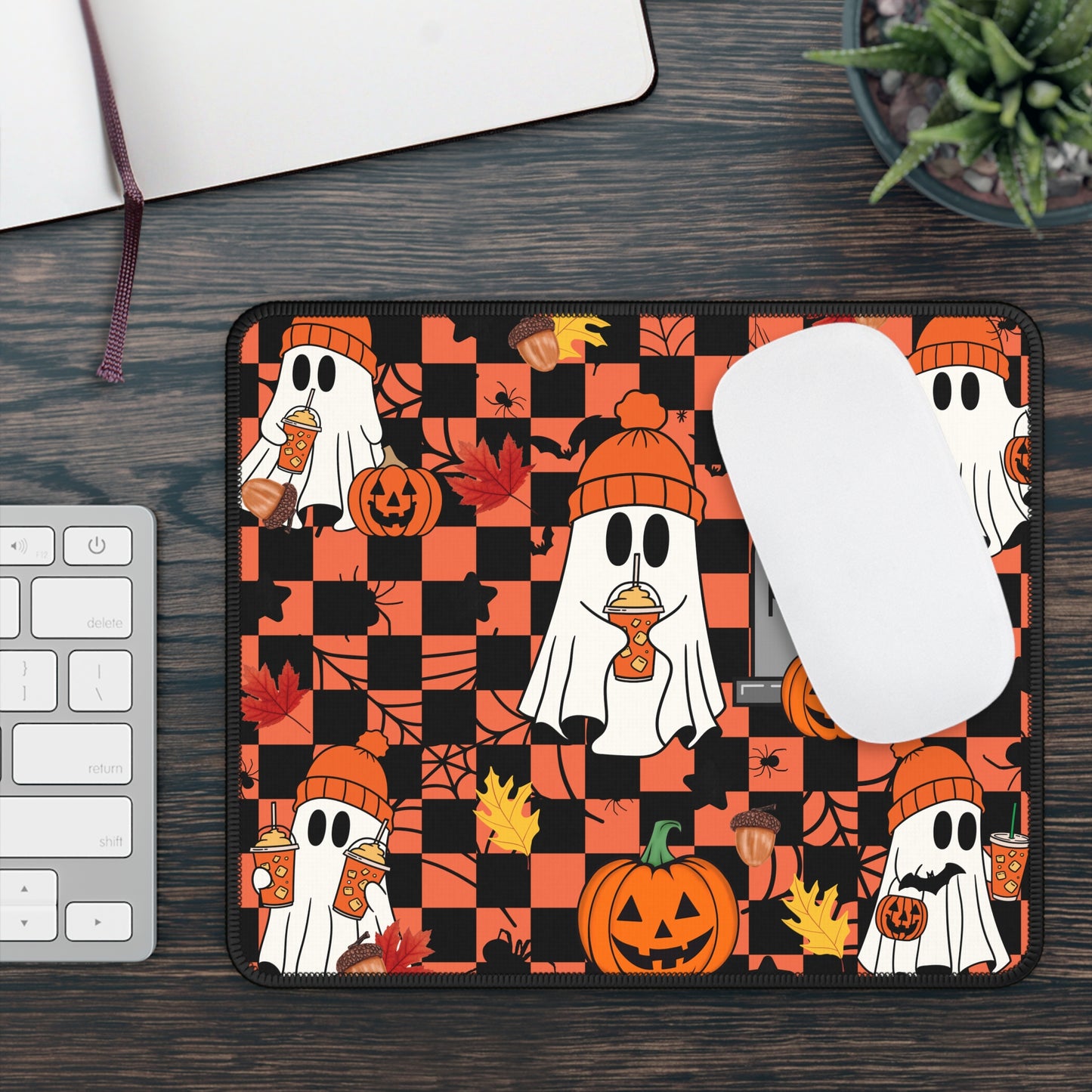 Ghost Latte Halloween Gaming Mouse Pad – 9x7 Neoprene Mouse Pad with Pumpkins, Coffee, and Checkerboard Autumn Design