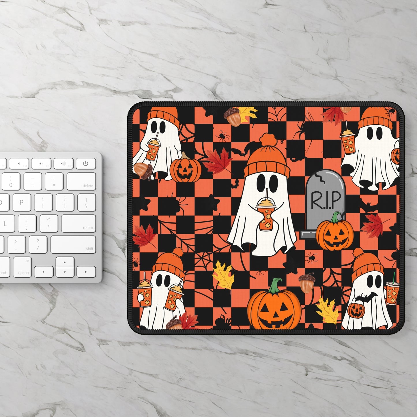 Ghost Latte Halloween Gaming Mouse Pad – 9x7 Neoprene Mouse Pad with Pumpkins, Coffee, and Checkerboard Autumn Design