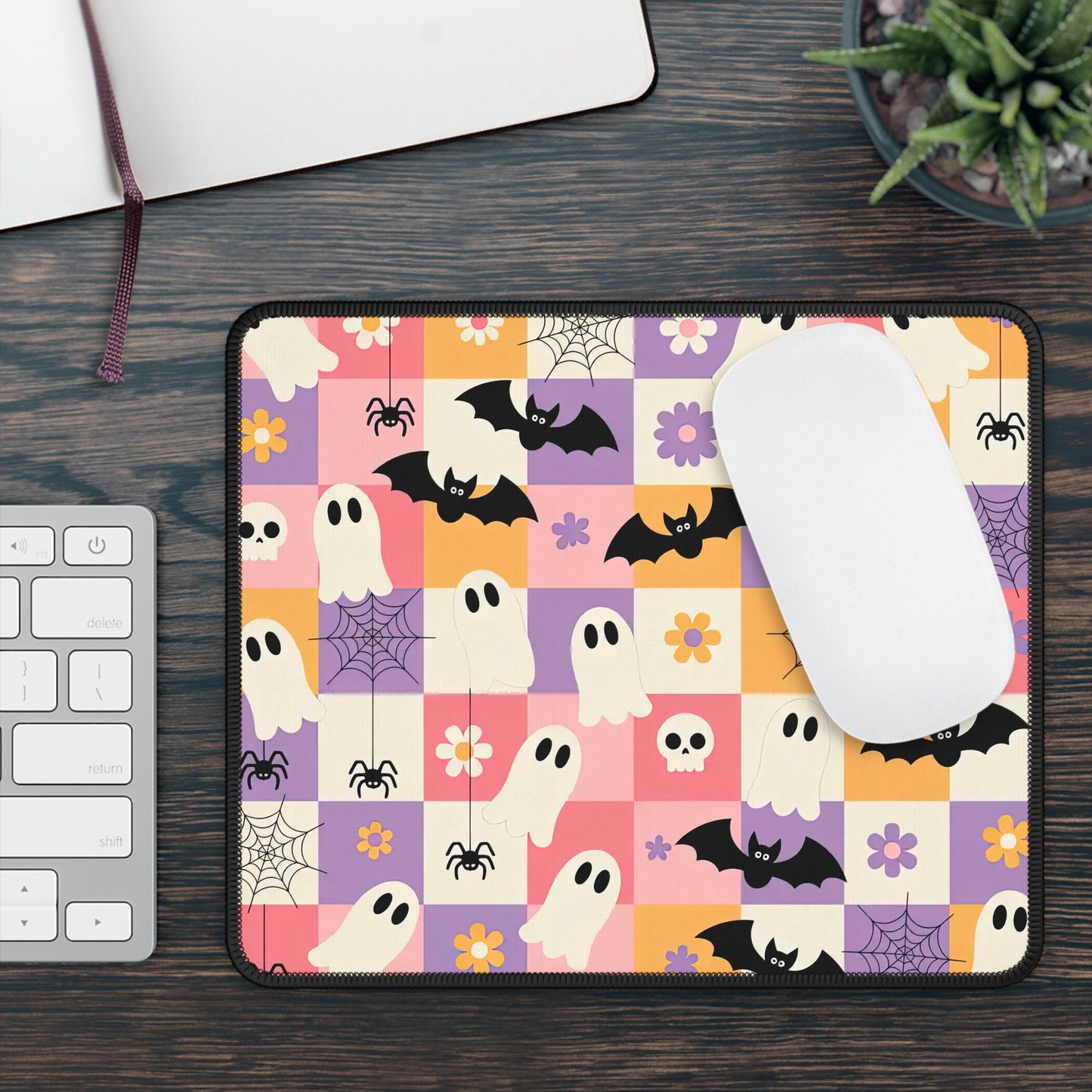 Pastel Ghosts and Bats Mouse Pad – 9x7 Neoprene Desk Mat with Halloween Patchwork Design