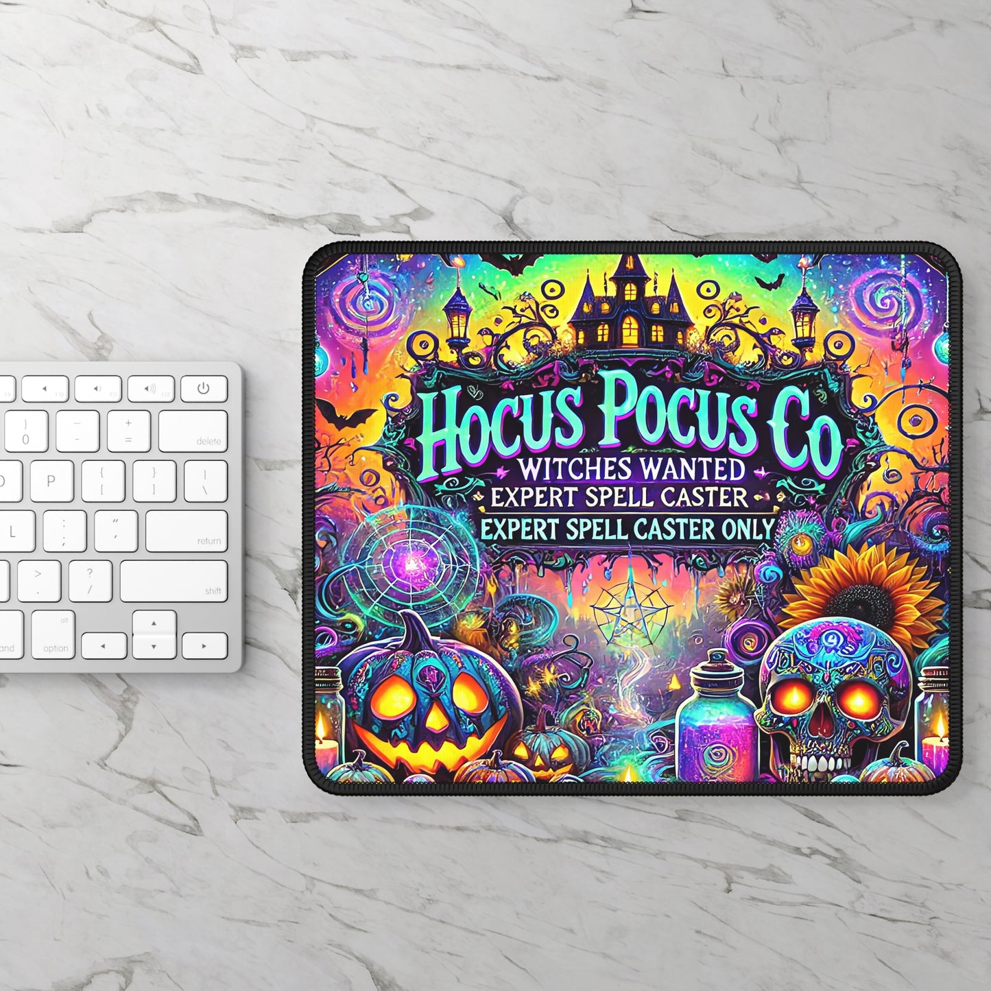 Hocus Pocus Co. Neon Witches Wanted Mouse Pad – 9x7 Neoprene Desk Mat with Gothic Pumpkins, Skulls, and Magical Potion Artwork