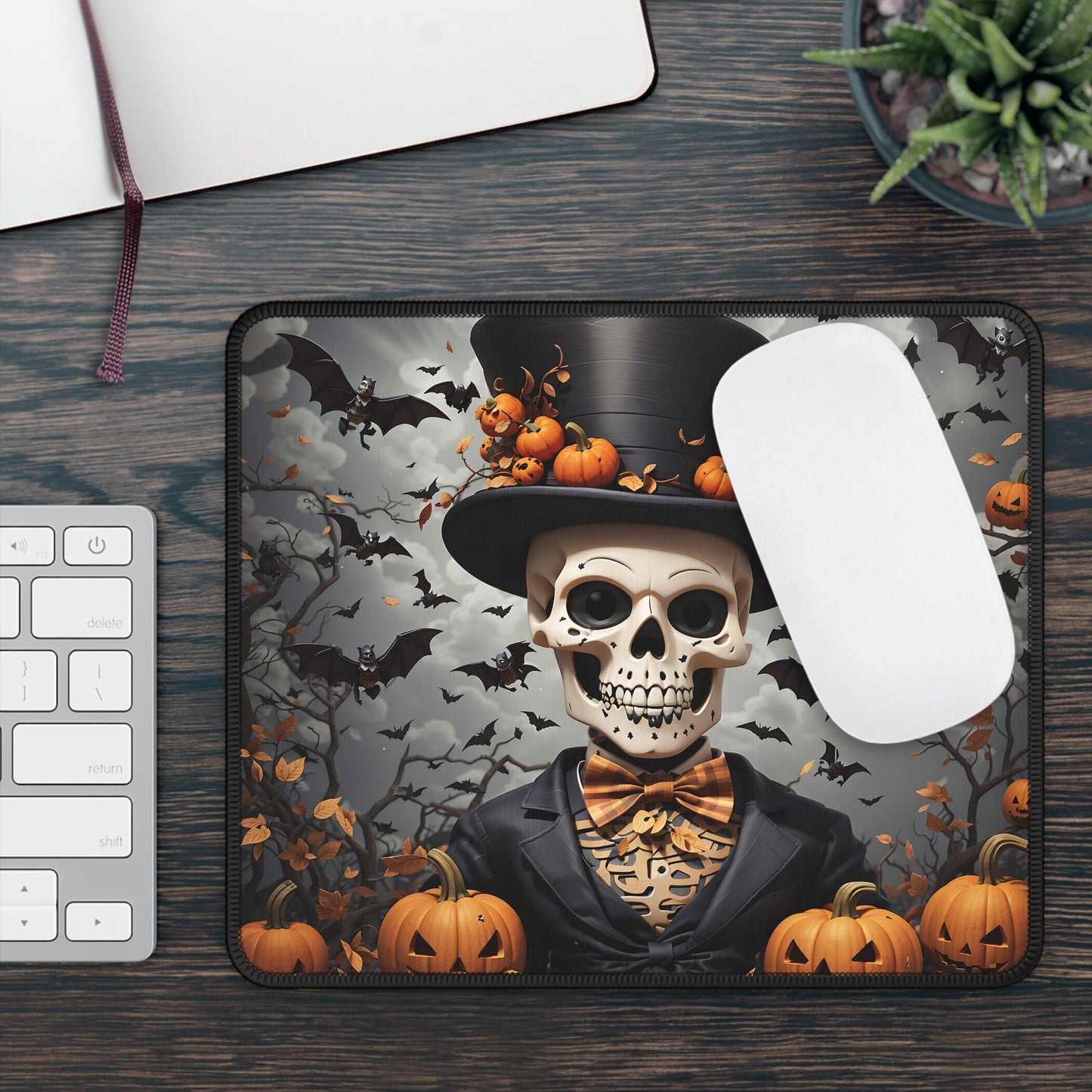 Dapper Skeleton Halloween Gaming Mouse Pad – 9x7 Neoprene Mouse Pad with Pumpkin Top Hat, Bats, and Gothic Autumn Design