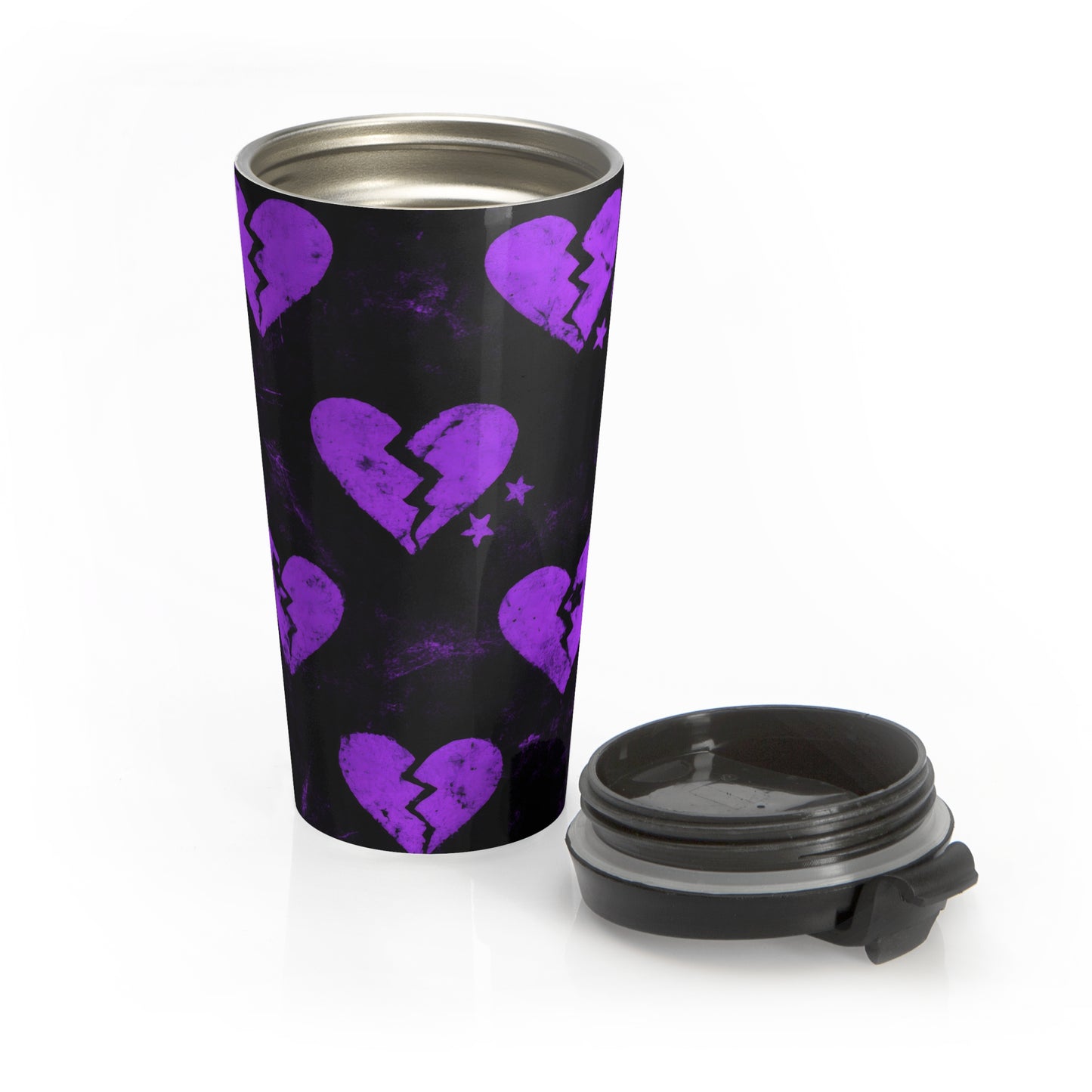 15oz “Broken Hearts & Black Coffee” Stainless Steel Travel Mug – Purple Heart Pattern on Black with Leak-Proof Lid