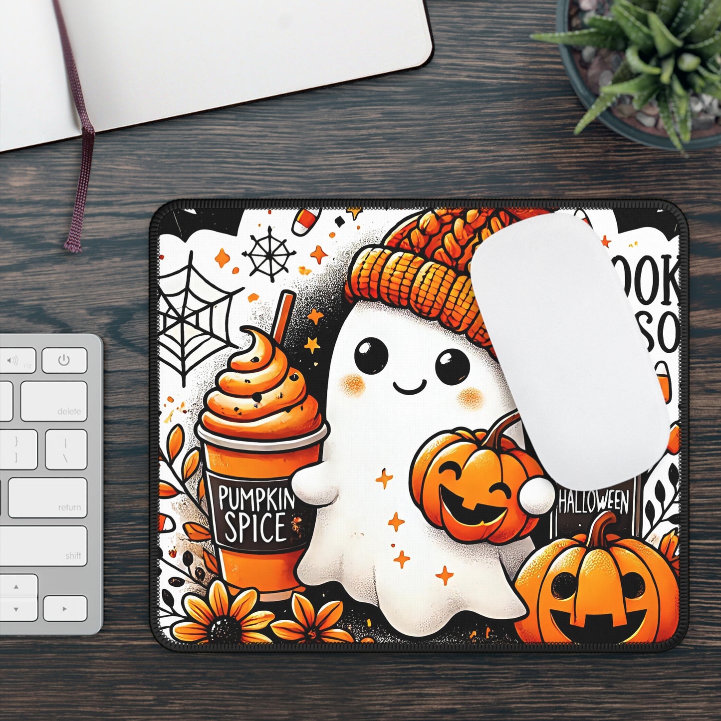 Pumpkin Spice Ghost Gaming Mouse Pad – 9x7 Neoprene Mouse Pad with Cute Ghost, Jack-O’-Lanterns, and Spooky Season Coffee Design