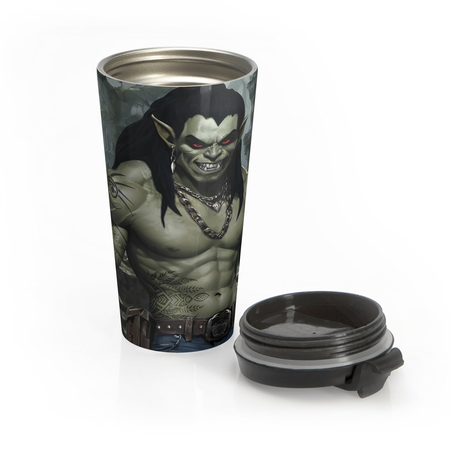 15oz Orc Warrior Stainless Steel Travel Mug – Fantasy Forest Design with Leak-Proof Lid