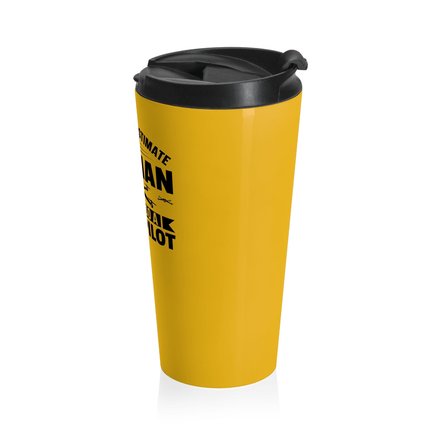 15oz “Never Underestimate an Old Man” Stainless Steel Travel Mug – Yellow Drone Pilot Design with Leak-Proof Lid