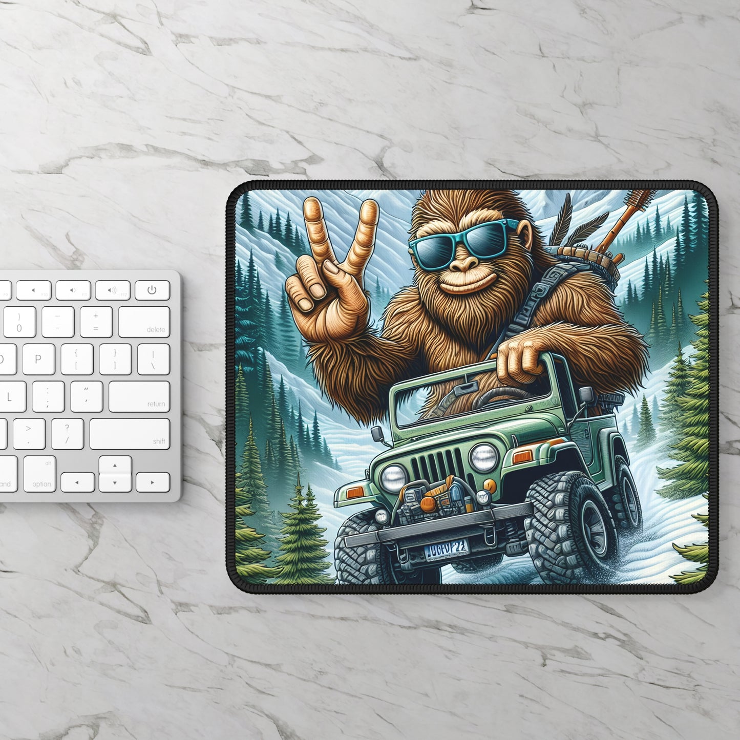 Bigfoot Jeep Adventure Gaming Mouse Pad – 9x7 Neoprene Desk Mat with Sasquatch Driving Off-Road in the Mountains