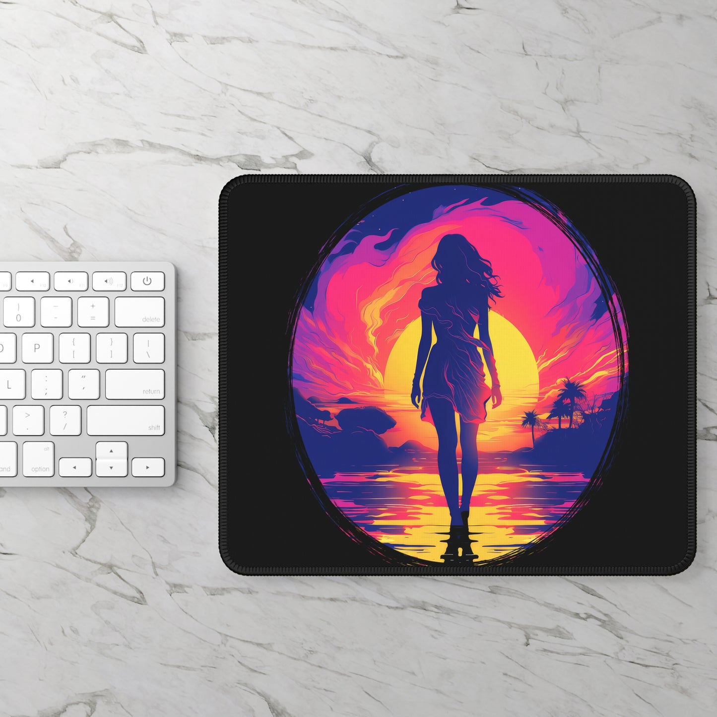Neon Sunset Goddess Mouse Pad – 9x7 Neoprene Desk Mat with Tropical Vaporwave Aesthetic for Gamers and Office Setups
