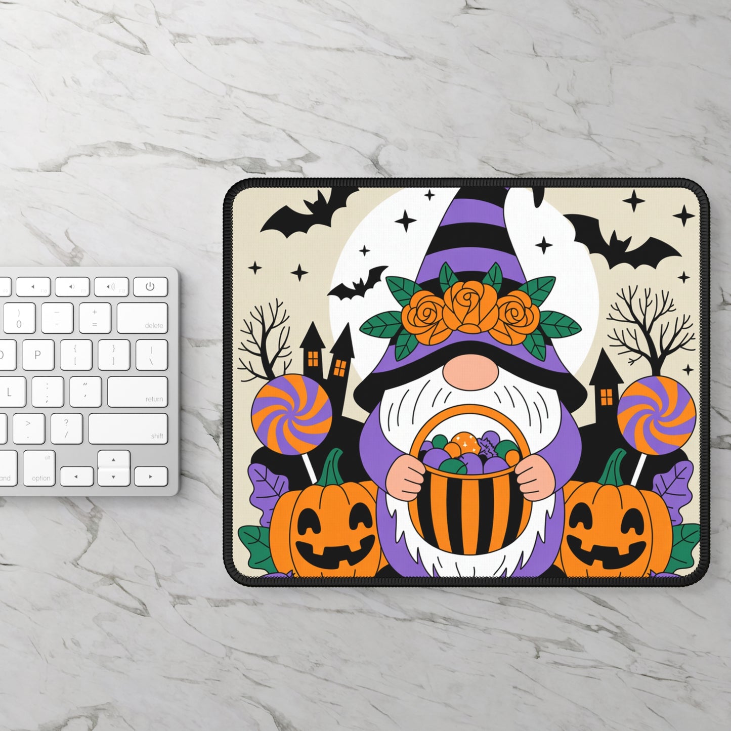 Halloween Gnome Gaming Mouse Pad – 9x7 Neoprene Mouse Pad with Candy, Pumpkins, and Spooky Night Design