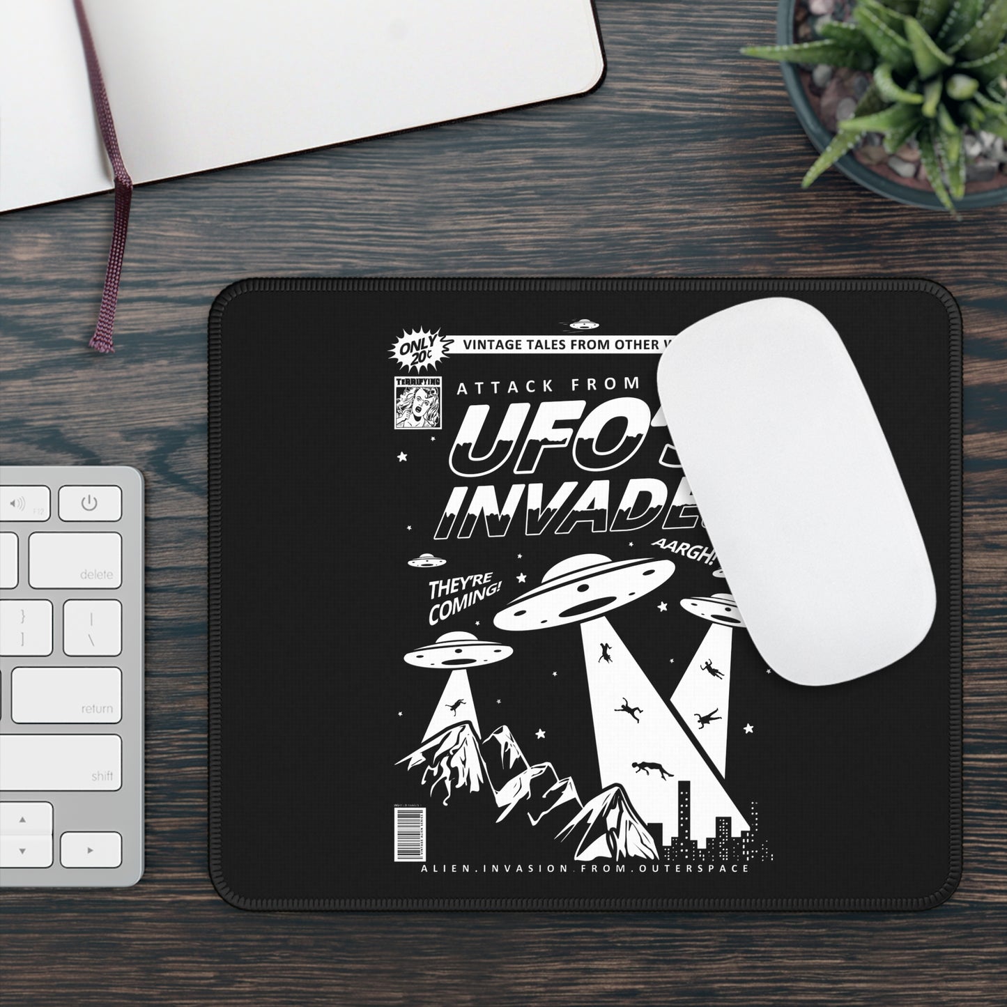 Attack From Space 9x7 Neoprene Desk Mat – Vintage UFO Comic Mouse Pad