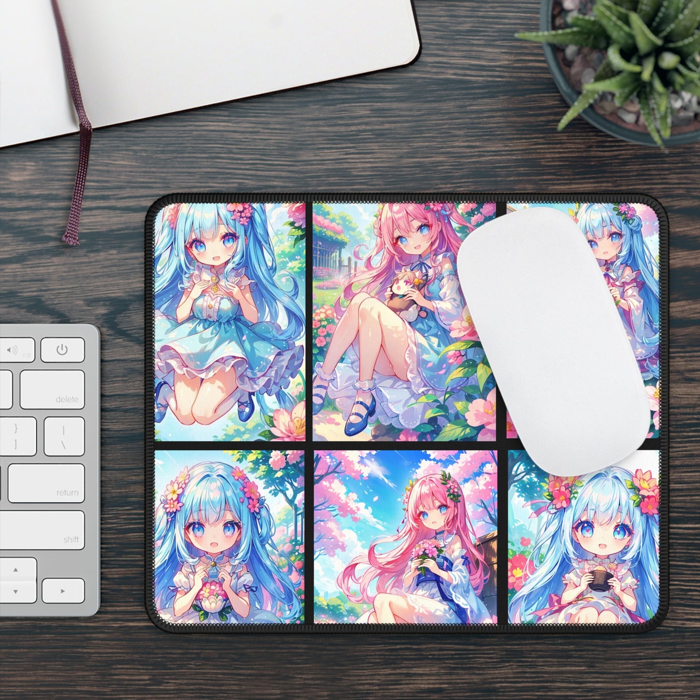 Pastel Anime Girl Collage Gaming Mouse Pad – 9x7 Neoprene Mouse Pad with Kawaii Manga Artwork for Gamers and Otaku Desk Setups