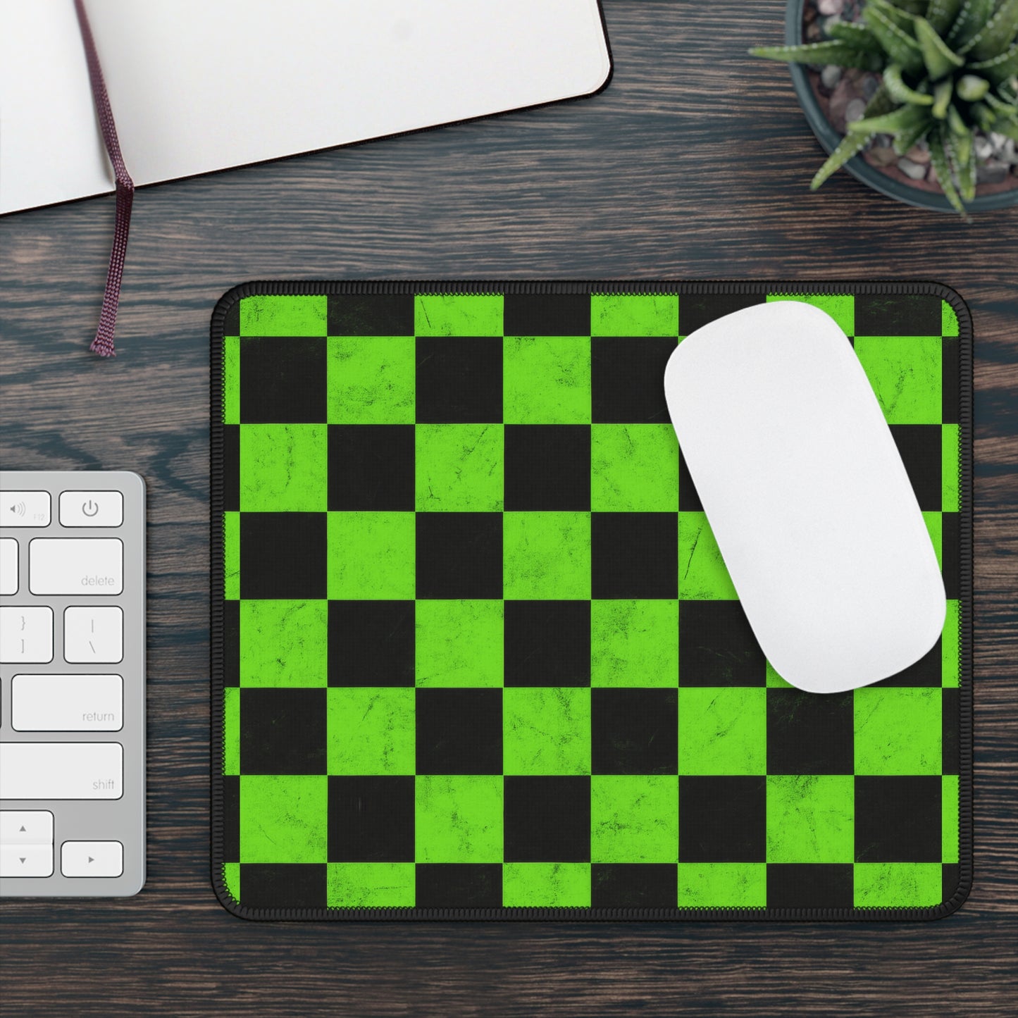 Grunge Grid 9x7 Neoprene Desk Mat – Green & Black Checker Mouse Pad