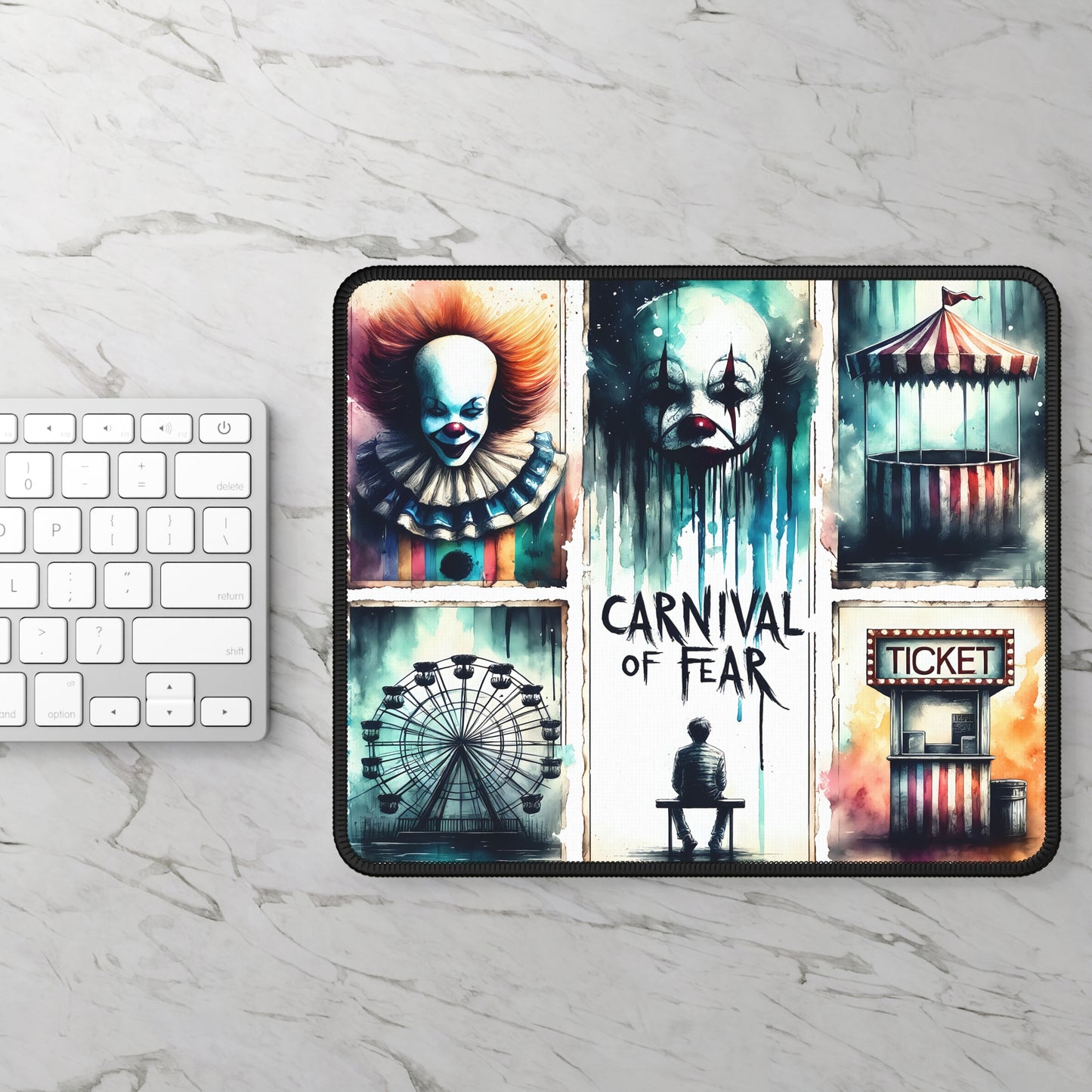 Carnival of Fear Horror Gaming Mouse Pad – 9x7 Neoprene Mouse Pad with Creepy Clown, Haunted Ferris Wheel, and Dark Carnival Design