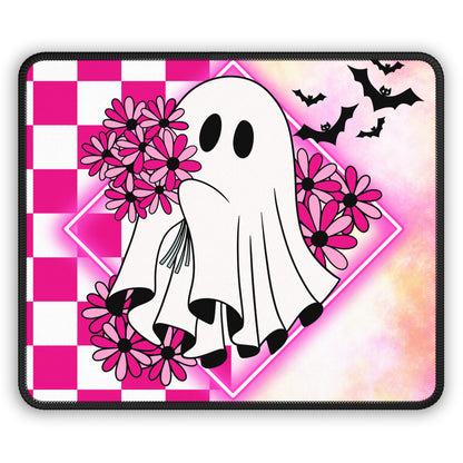 Cute Ghost Floral Halloween Gaming Mouse Pad – 9x7 Neoprene Mouse Pad with Pink Flowers, Checkerboard, and Bats Design