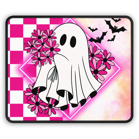 Cute Ghost Floral Halloween Gaming Mouse Pad – 9x7 Neoprene Mouse Pad with Pink Flowers, Checkerboard, and Bats Design