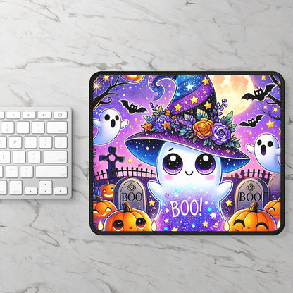 Kawaii Ghost Halloween Gaming Mouse Pad – 9x7 Neoprene Mouse Pad with Cute Witch Ghost, Pumpkins, and Spooky Graveyard Design