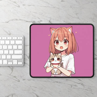 The Anime Catgirl 9x7 Neoprene Desk Mat – Kawaii Pink Mouse Pad with Neko Companion
