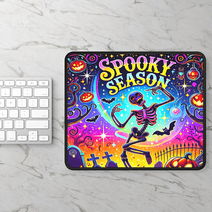 Spooky Season Gaming Mouse Pad – 9x7 Neoprene Mouse Pad with Neon Skeleton, Pumpkins, and Halloween Graveyard Design