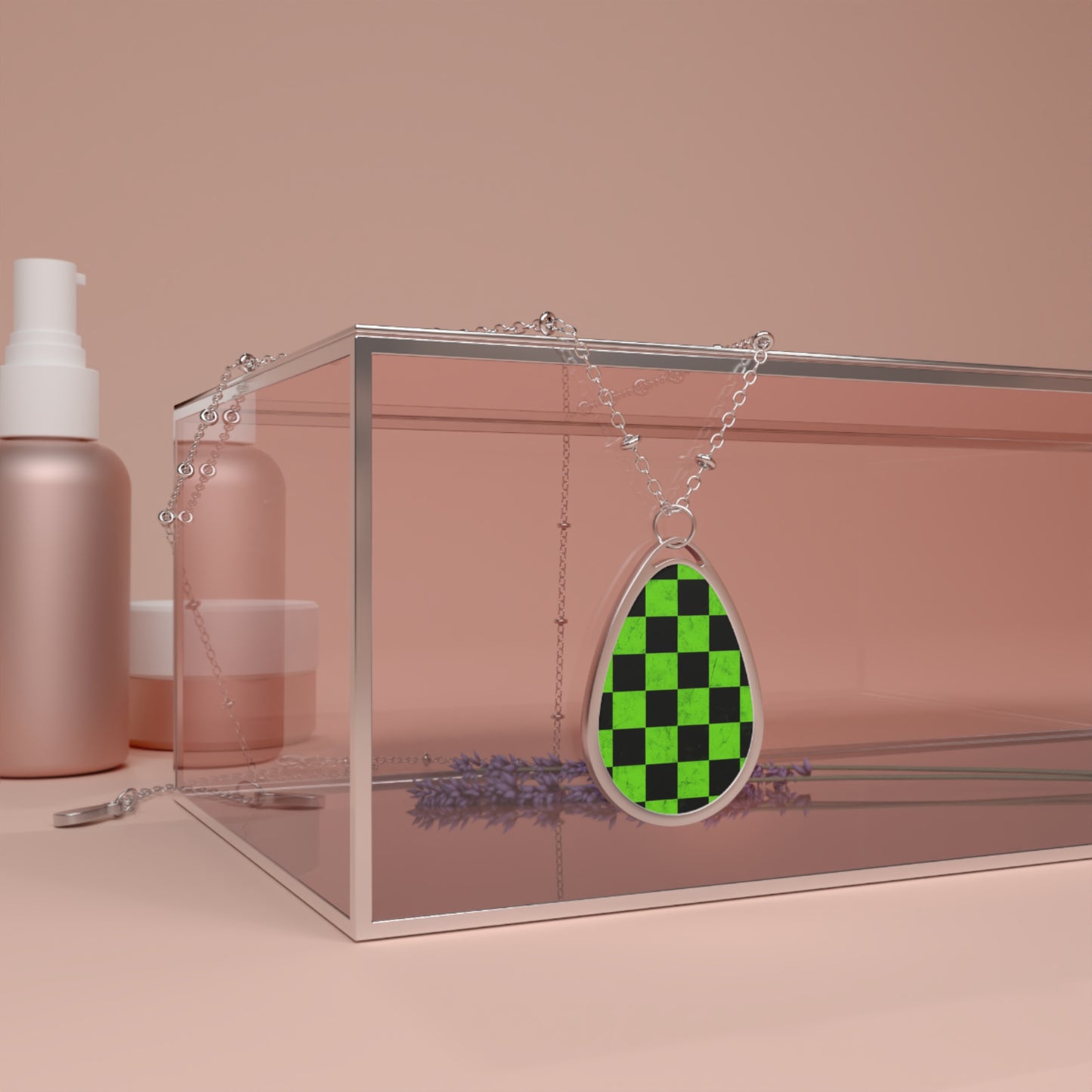 Green Check Teardrop Necklace – Marbled Checkerboard Pendant with Silver Chain