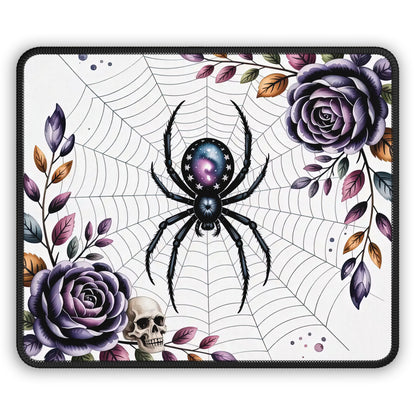 Gothic Spider Web Gaming Mouse Pad – 9x7 Neoprene Mouse Pad with Cosmic Spider, Purple Roses, and Skull Design