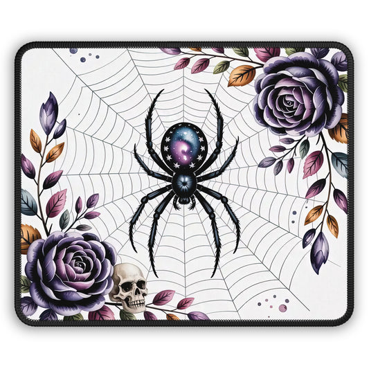 Gothic Spider Web Gaming Mouse Pad – 9x7 Neoprene Mouse Pad with Cosmic Spider, Purple Roses, and Skull Design