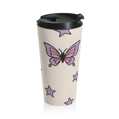 15oz “Butterfly Constellation” Stainless Steel Travel Mug – Purple Whimsy Pattern on Beige with Leak-Proof Lid