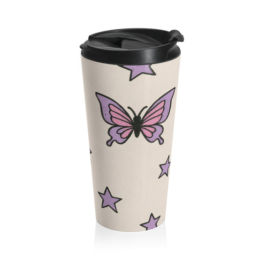 15oz “Butterfly Constellation” Stainless Steel Travel Mug – Purple Whimsy Pattern on Beige with Leak-Proof Lid