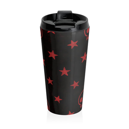 15oz “Skulls & Stars” Stainless Steel Travel Mug – Red Gothic Pattern on Black with Leak-Proof Lid