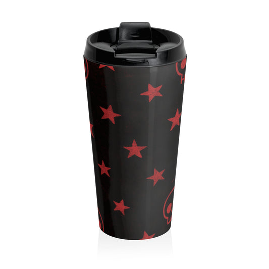 15oz “Skulls & Stars” Stainless Steel Travel Mug – Red Gothic Pattern on Black with Leak-Proof Lid