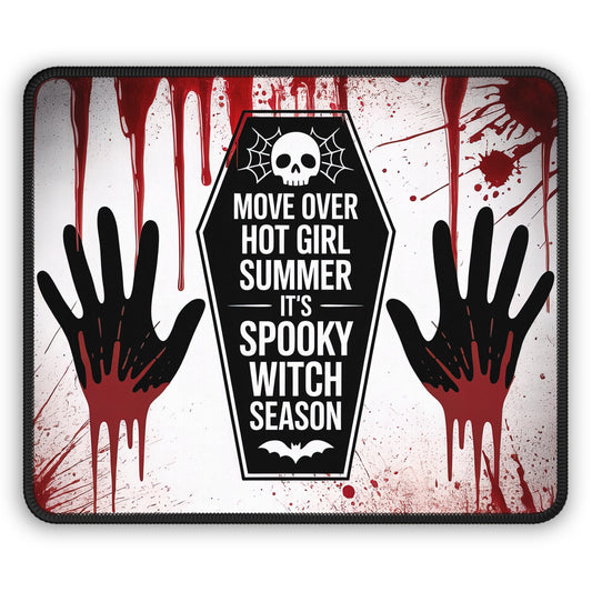 Spooky Witch Season Gaming Mouse Pad – 9x7 Neoprene Mouse Pad with Coffin Quote, Bloody Handprints, and Creepy Halloween Horror Design