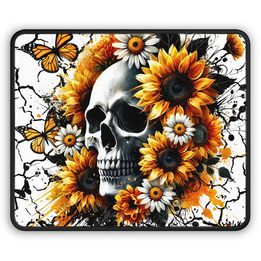 Sunflower Skull Mouse Pad – 9x7 Neoprene Desk Mat with Gothic Floral and Butterfly Design