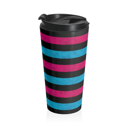 15oz “Scene Stripes” Stainless Steel Travel Mug – Pink, Blue & Black Pattern with Leak-Proof Lid